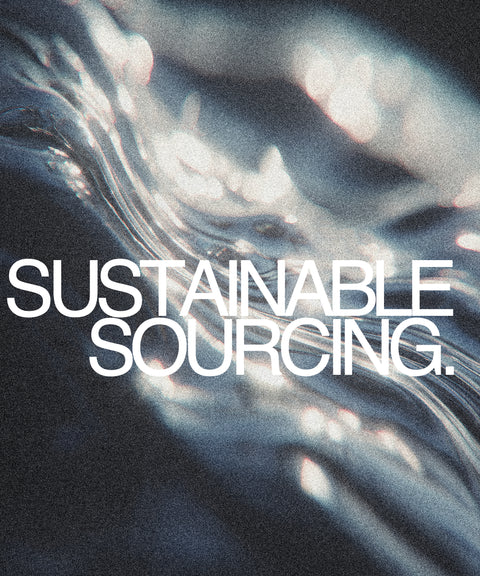 Text 'Sustainable Sourcing' over a blurred background of swirling water.
