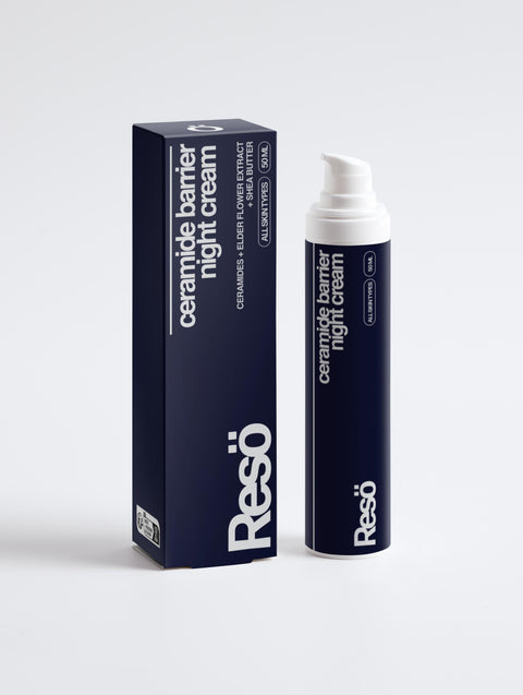 A dark blue RESÖ Ceramide Barrier Night Cream box and pump bottle sit side by side on a white background, featuring key benefits like ceramides, hyaluronic acid, barrier repair, and skin synthesis.