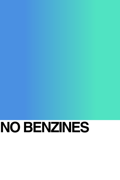 A gradient background transitions from blue on the left to teal on the right, with the bold black text NO BENZINES at the bottom over a white section.