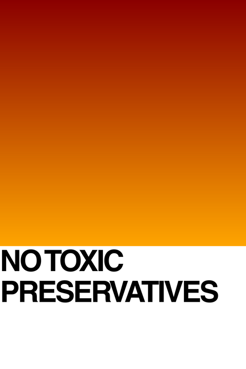 A gradient background transitioning from deep red to yellow-orange sits above a white section. Bold black text at the bottom reads, NO TOXIC PRESERVATIVES.