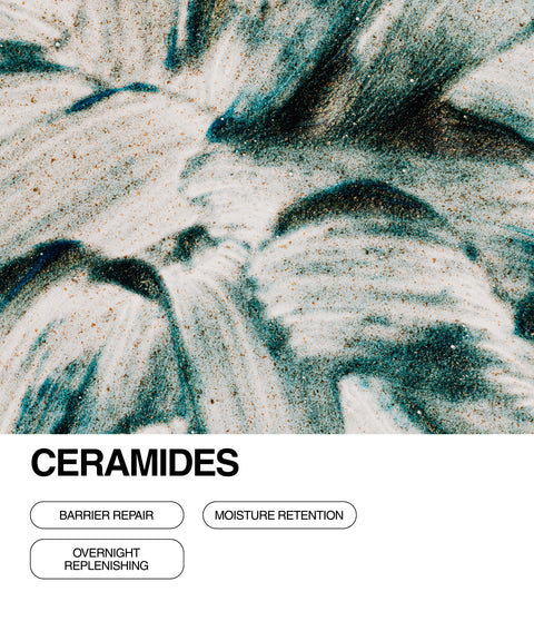 Abstract swirls of cream, teal, and black paint suggest a creamy skincare texture. The text below reads CERAMIDES with three buttons labeled Barrier Repair, Moisture Retention, and Overnight Replenishing.