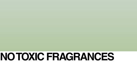A minimalist image with a light green upper section and a white lower section. Bold black text across the bottom reads, “NO TOXIC FRAGRANCES.”.