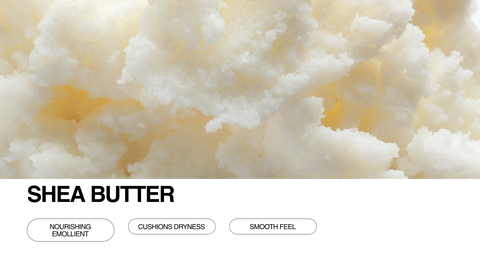 Close-up of creamy, off-white shea butter with a grainy texture. Below, bold text reads SHEA BUTTER and three buttons labeled Nourishing Emollient, Cushions Dryness, and Smooth Feel are shown.