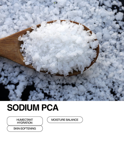 A wooden spoon filled with coarse white crystals, resting on more scattered crystals, with text below reading Sodium PCA and phrases like humectant hydration, moisture balance, and skin-softening.