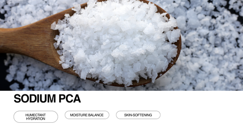 A wooden spoon filled with white, crystalline sodium PCA flakes, with more flakes scattered on a dark surface. Below, text highlights its benefits: humectant hydration, moisture balance, and skin-softening.
