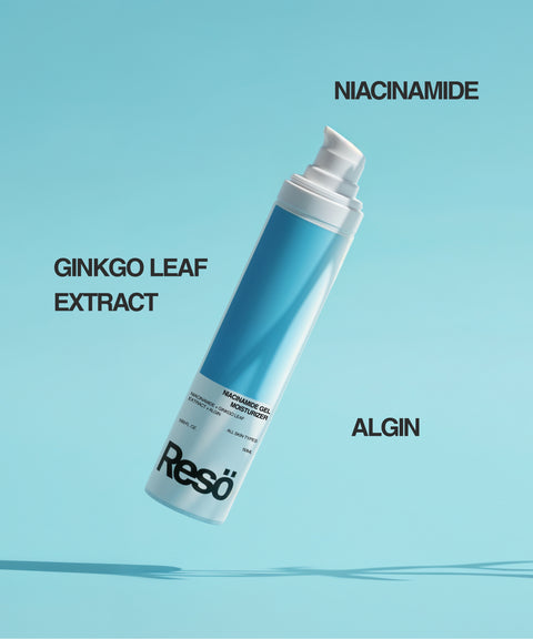 A blue and white bottle of RESÖ Niacinamide Gel Moisturiser floats on a light blue background, with surrounding text highlighting niacinamide, ginkgo leaf extract, and algin for shine-controlling hydration ideal for sensitive skin.