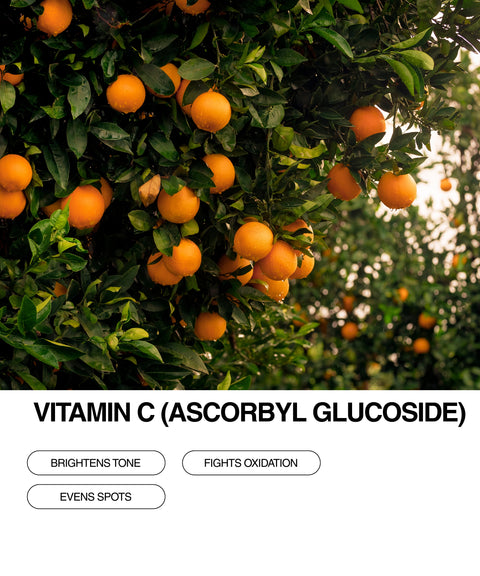 Orange trees with ripe oranges hanging among green leaves. Below, bold text reads “Vitamin C (Ascorbyl Glucoside)” with buttons labeled “Brightens Tone,” “Fights Oxidation,” and “Evens Spots.”.