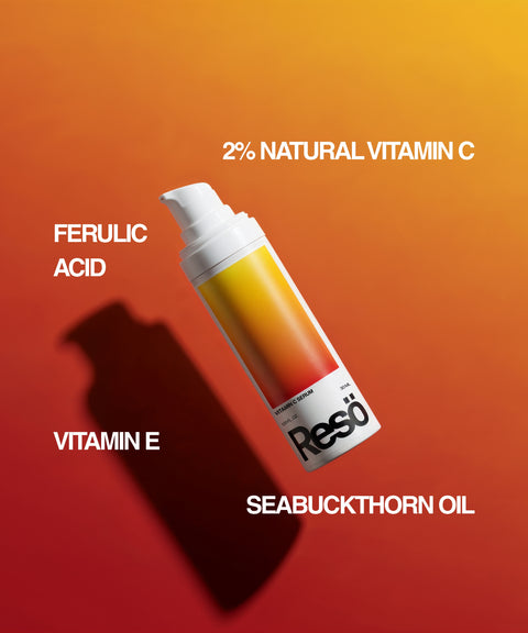 A white pump bottle labeled Vitamin C Serum sits against a vivid orange-yellow gradient, showcasing brightening ingredients: 2% natural vitamin C, ferulic acid, vitamin E, and seabuckthorn oil.
