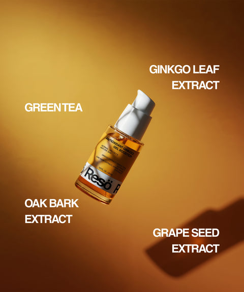 The Antioxidant Ginkgo Gel Booster bottle sits on a golden background, highlighted by labels for Green Tea, Ginkgo Leaf, Oak Bark, and Grape Seed extracts. This oil-free gel casts a shadow to the right, emphasizing its pollution protection benefits.