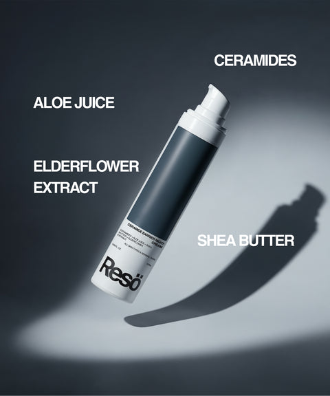 A bottle of RESÖ Ceramide Barrier Night Cream is shown, featuring key ingredients: Ceramides, Hyaluronic Acid, Aloe Juice, Elderflower Extract, and Shea Butter—ideal for your overnight barrier cream routine. The bottle casts a shadow on a gray background.