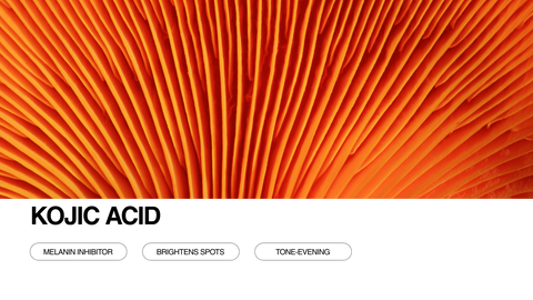 Close-up of orange mushroom gills with text overlay: KOJIC ACID and buttons labeled Melanin Inhibitor, Brightens Spots, and Tone-Evening on a white background at the bottom.