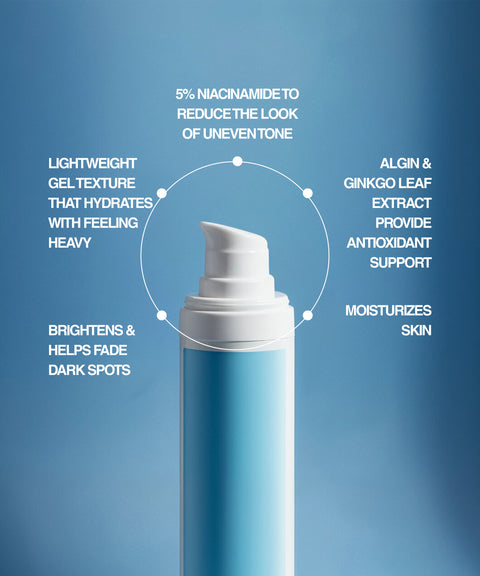 The RESÖ Niacinamide Gel Moisturiser in a blue and white pump bottle stands upright against a blue background, highlighting shine-controlled hydration, antioxidant support, and skin-brightening benefits—even for sensitive skin.