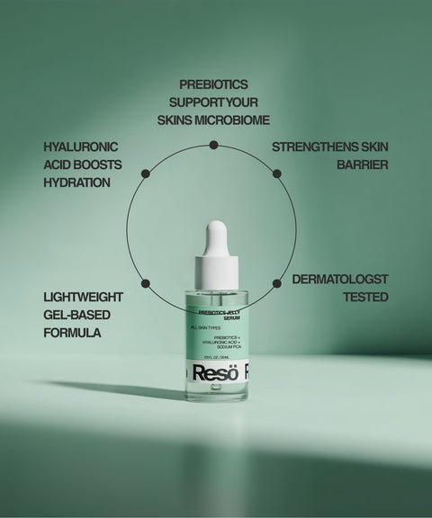 A bottle of RESÖ Bioactive Prebiotics Jelly Serum sits on a green surface, with text showcasing benefits like barrier repair, soothing hydration, prebiotics, hyaluronic acid, a lightweight formula, and dermatologist-tested results.