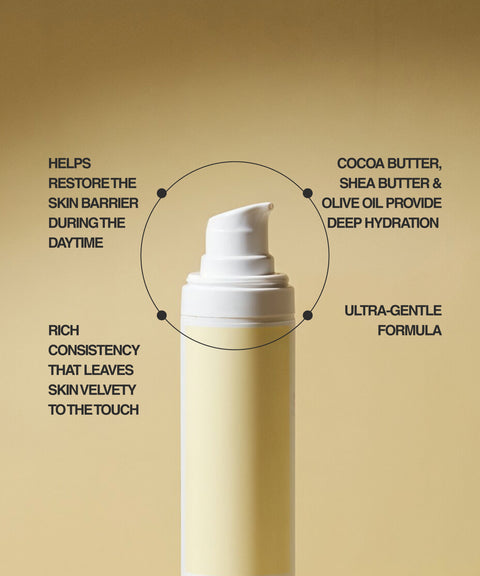 The RESÖ Nourishing Rich Cream, Fragrance Free, stands upright on a beige background. Text highlights: restores skin barrier, rich consistency, deep hydration for dry skin from butters and oils, with ultra-gentle cloudberry extract.