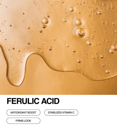 Golden liquid with bubbles and a wavy edge on a smooth surface. Bold text reads FERULIC ACID. Below are buttons stating Antioxidant Boost, Stabilizes Vitamin C, and Firms Look.