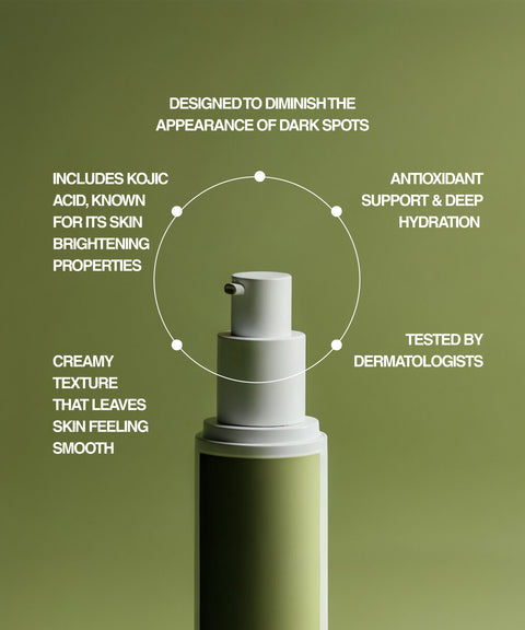A white pump bottle of RESÖ Dark Spot Face Cream with Kojic Acid on a green background; text highlights include brightening, diminishing dark spots, creamy texture, antioxidant support, deep hydration, and dermatologist-tested.