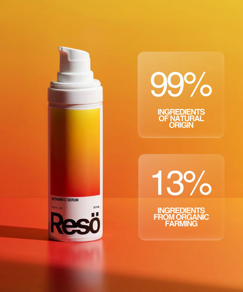 A bottle of Vitamin C Serum with a white pump stands against an orange-yellow gradient background. Text states: 99% ingredients of natural origin and 13% from organic farming—powerful antioxidant skincare.
