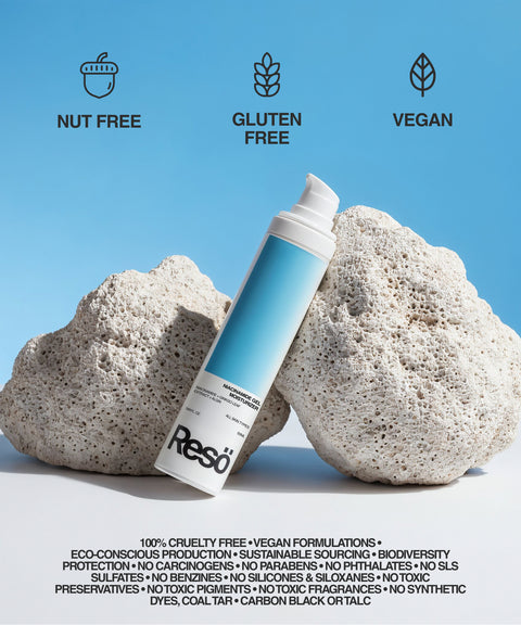 A white and blue RESÖ Niacinamide Gel Moisturiser stands between two textured stones. Icons above show it’s vegan, nut free, gluten free, and suitable for sensitive skin. Shine-controlled hydration benefits are displayed below.