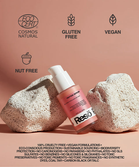 A pink bottle of RESÖ Peptide Anti-Aging Serum with hyaluronic acid rests among pale rocks on a beige surface. Icons above indicate it’s certified natural, gluten-free, vegan, and nut-free. Text below notes its benefits for fine lines.