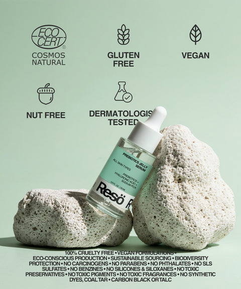 A bottle of RESÖ Bioactive Prebiotics Jelly Serum, designed for barrier repair and calming hydration, sits between two porous white stones on a mint green surface. Icons above show it’s natural, gluten free, vegan, nut free, and dermatologist tested.