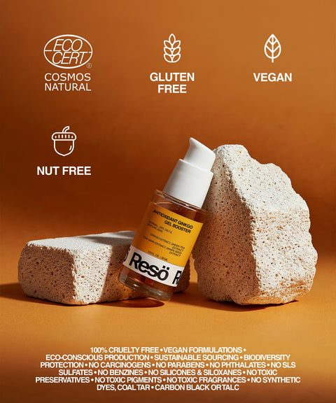 A bottle of RESÖ Antioxidant Ginkgo Gel Booster with ginkgo extract sits among pumice stones, showing COSMOS Natural, gluten-free, vegan, and nut-free icons. Text notes benefits for oily skin.