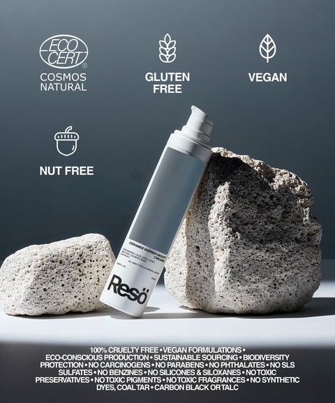 A RESÖ Ceramide Barrier Night Cream bottle stands upright between two pumice stones. Icons highlight its EcoCert certification, and that it's gluten-free, vegan, and nut-free. This overnight cream features ceramides and hyaluronic acid.