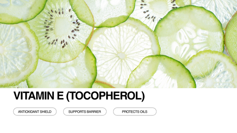 Sliced cucumbers and kiwis overlapping on a light background, with text stating “Vitamin E (Tocopherol)” and buttons reading “Antioxidant Shield,” “Supports Barrier,” and “Protects Oils.”.