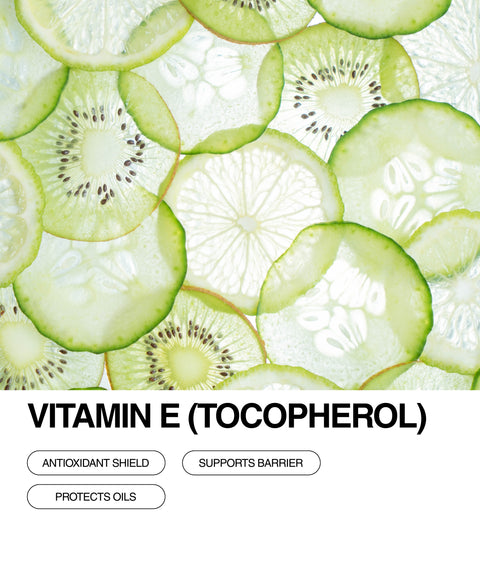 Thin slices of kiwi and cucumber overlapping on a white background. Below, bold text reads “Vitamin E (Tocopherol)” with labeled benefits: “Antioxidant Shield,” “Supports Barrier,” and “Protects Oils.”.