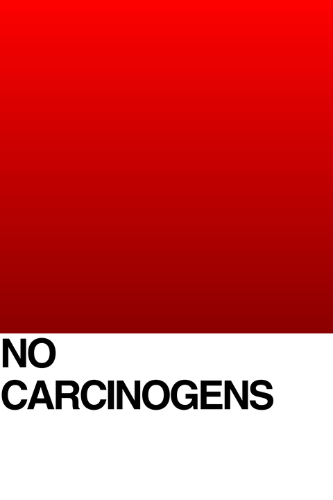 A mostly red background fades to white at the bottom, where large black text reads NO CARCINOGENS.