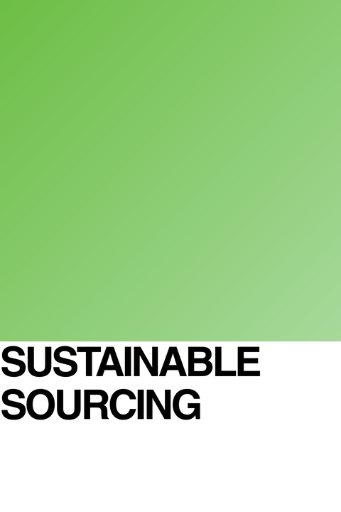 A simple graphic with a green gradient on the top half and a white bottom half. Bold black text at the bottom reads SUSTAINABLE SOURCING.