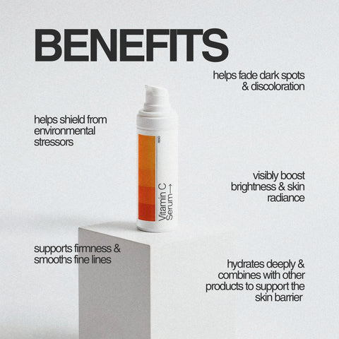 Vitamin C serum bottle with text listing benefits on a light gray background