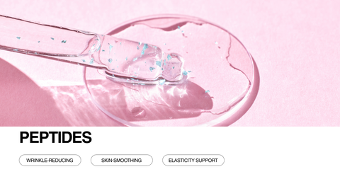 A glass dropper with a clear liquid and blue specks rests on a glass dish, both on a pink surface. Below, the text reads PEPTIDES with buttons labeled WRINKLE-REDUCING, SKIN-SMOOTHING, and ELASTICITY SUPPORT.