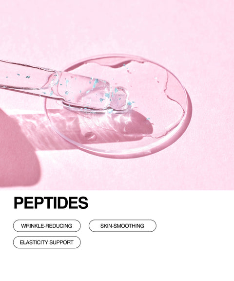 A dropper dispensing clear liquid with blue specks onto a pink surface, highlighting skincare benefits such as wrinkle-reducing, skin-smoothing, and elasticity support. PEPTIDES is written in bold below.