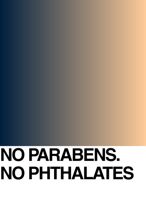 Gradient background from dark blue to beige, with bold black text at the bottom on a light gray strip reading NO PARABENS. NO PHTHALATES.