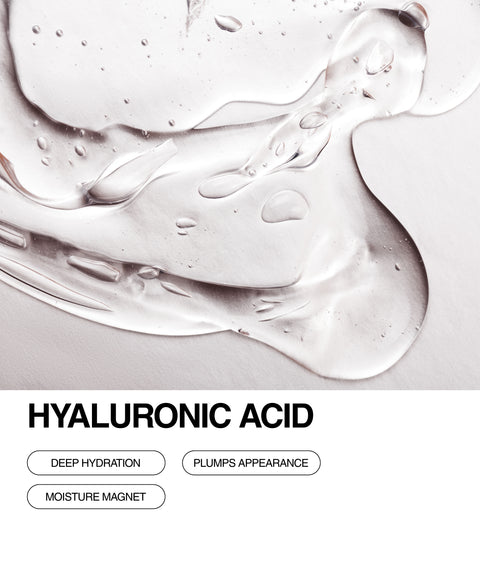 A close-up of clear hyaluronic acid gel with bubbles, spread over a light surface. Text reads Hyaluronic Acid with three buttons below: Deep Hydration, Plumps Appearance, and Moisture Magnet.