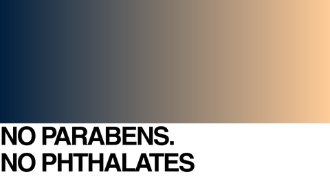 Text reading NO PARABENS. NO PHTHALATES in bold black letters on a white background, with a gradient color block above transitioning from dark blue to light beige.