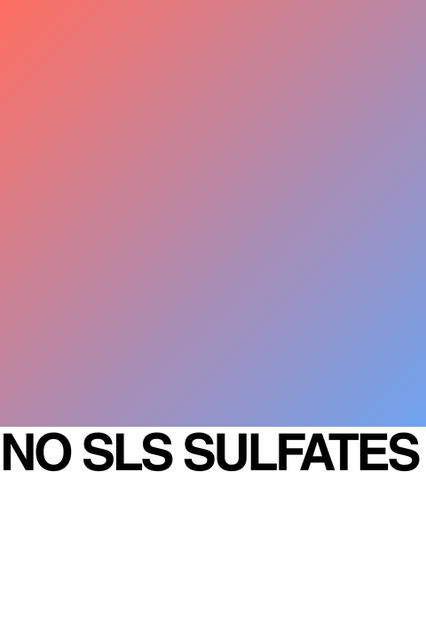Text on a gradient background that fades from red in the upper left to blue in the lower right. Bold black text at the bottom reads: NO SLS SULFATES.