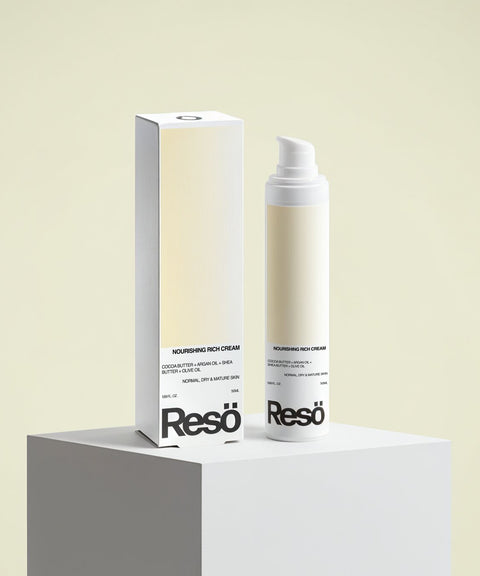 A bottle of RESÖ Nourishing Rich Cream, Fragrance Free sits with its box on a white pedestal against a beige background. Both display minimalist white and beige labels with bold black text, emphasizing the cream’s moisturizing benefits for dry skin.