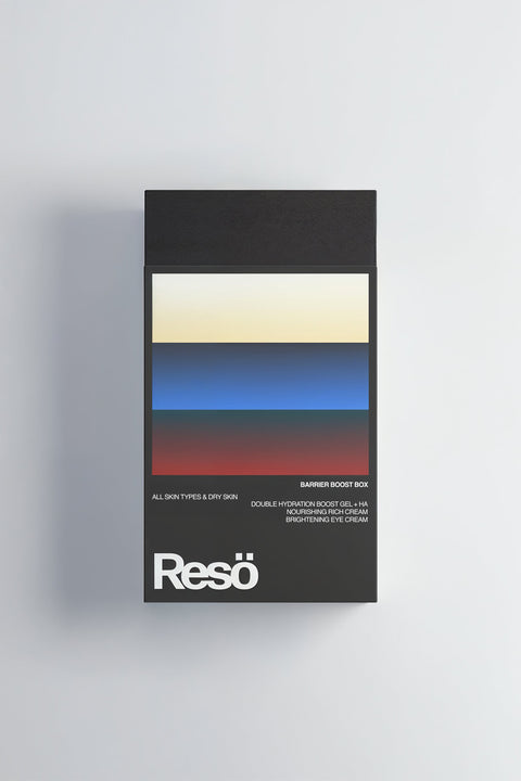 A black box labeled RESÖ, the Barrier Boost Box, features a minimalist design with red, yellow, beige, blue, and white stripes. Suitable for all skin types and dry skin—perfect for hydration gel or rich cream enthusiasts.