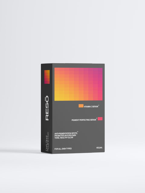 RESO skincare serum packaging with gradient color design on a white background