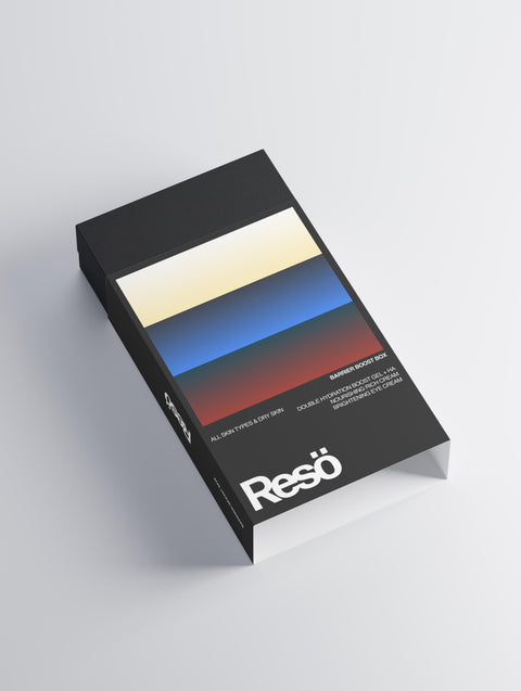 A rectangular black box labeled "RESÖ" in large white text features geometric bands of cream, yellow, red, blue, and black. The design captures the look of a hydrating eye cream, with "Barrier Boost Box" in smaller white text at the bottom right.
