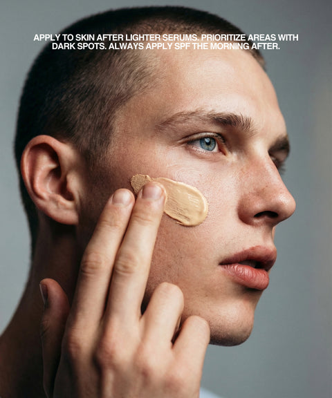 A close-up of someone applying RESÖ Dark Spot Face Cream with Kojic Acid to their cheek. Text: After lighter serums, apply to areas with dark spots. Always use SPF the next morning.