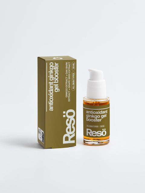 A brown box and a small pump bottle of RESÖ Antioxidant Ginkgo Gel Booster with oil-free ginkgo extract are shown on a light background. The packaging notes it’s suitable for all skin types.