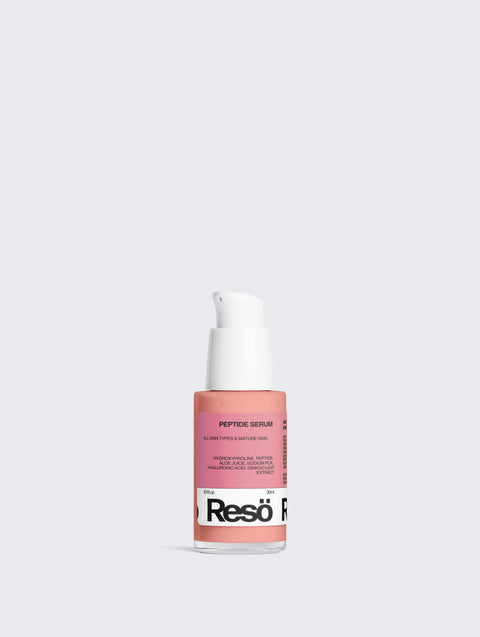 A pink bottle of Resö Peptide Serum with a white pump dispenser is centered on a light gray background. The bottle has black and white labeling and text.