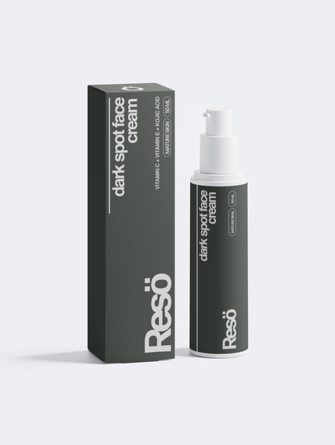 A bottle and box of RESÖ Dark Spot Face Cream with Kojic Acid, both in dark gray packaging with white text. The cream contains vitamin C, niacinamide, avocado, and is designed for dark spot treatment.