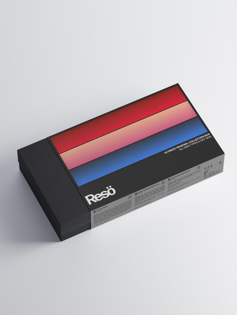 A rectangular black and gray box labeled Resö features a bold striped design in red, pink, purple, and blue shades on the lid, and text describing it as a luxury premium colored pencil set.