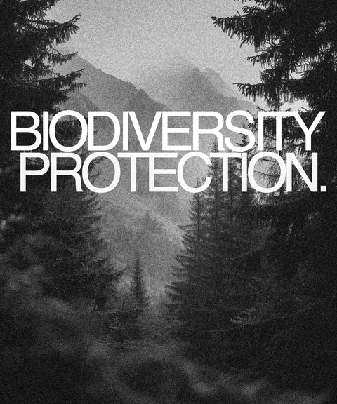 Black and white image of a mountain with trees and the text 'Biodiversity Protection'.