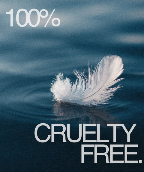 White feather floating on water with '100% Cruelty Free' text overlay