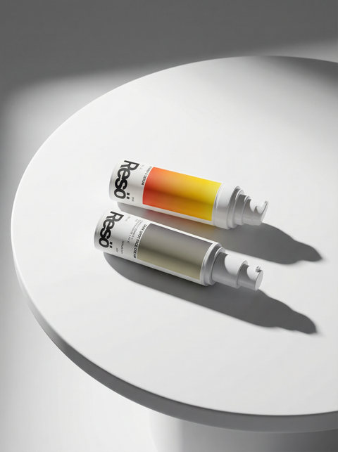 Two cylindrical skincare bottles with pump tops lie on a white round table under soft lighting. One bottle has a red-to-yellow gradient label, and the other has a beige label. Both labels read Resó.