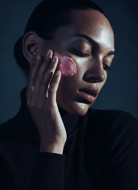 Woman applying a pink facial mask to her face against a dark background